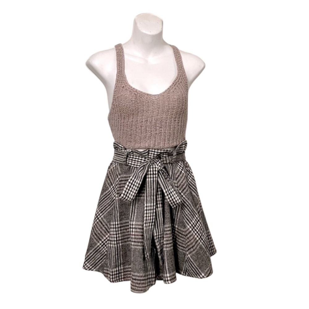Women’s Plaid Tweed A-line Full Swing Academia Neutral  Vintage Mini Skirt Sz M